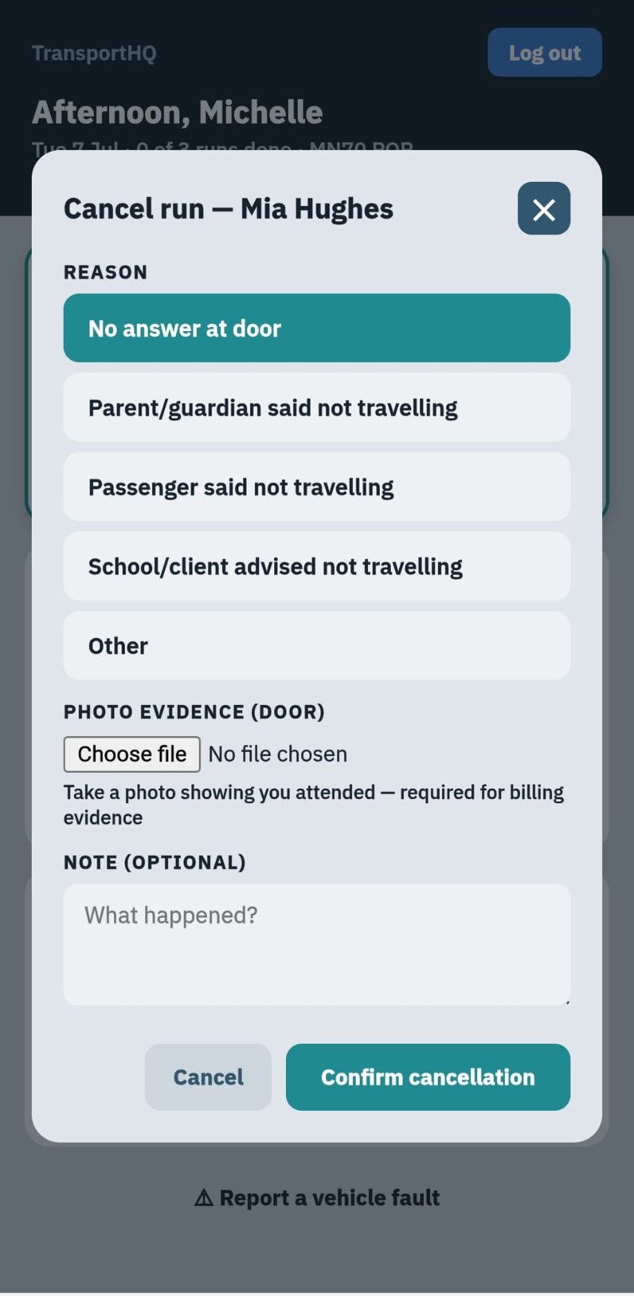 Driver cancellation form with cancellation reasons and photo evidence