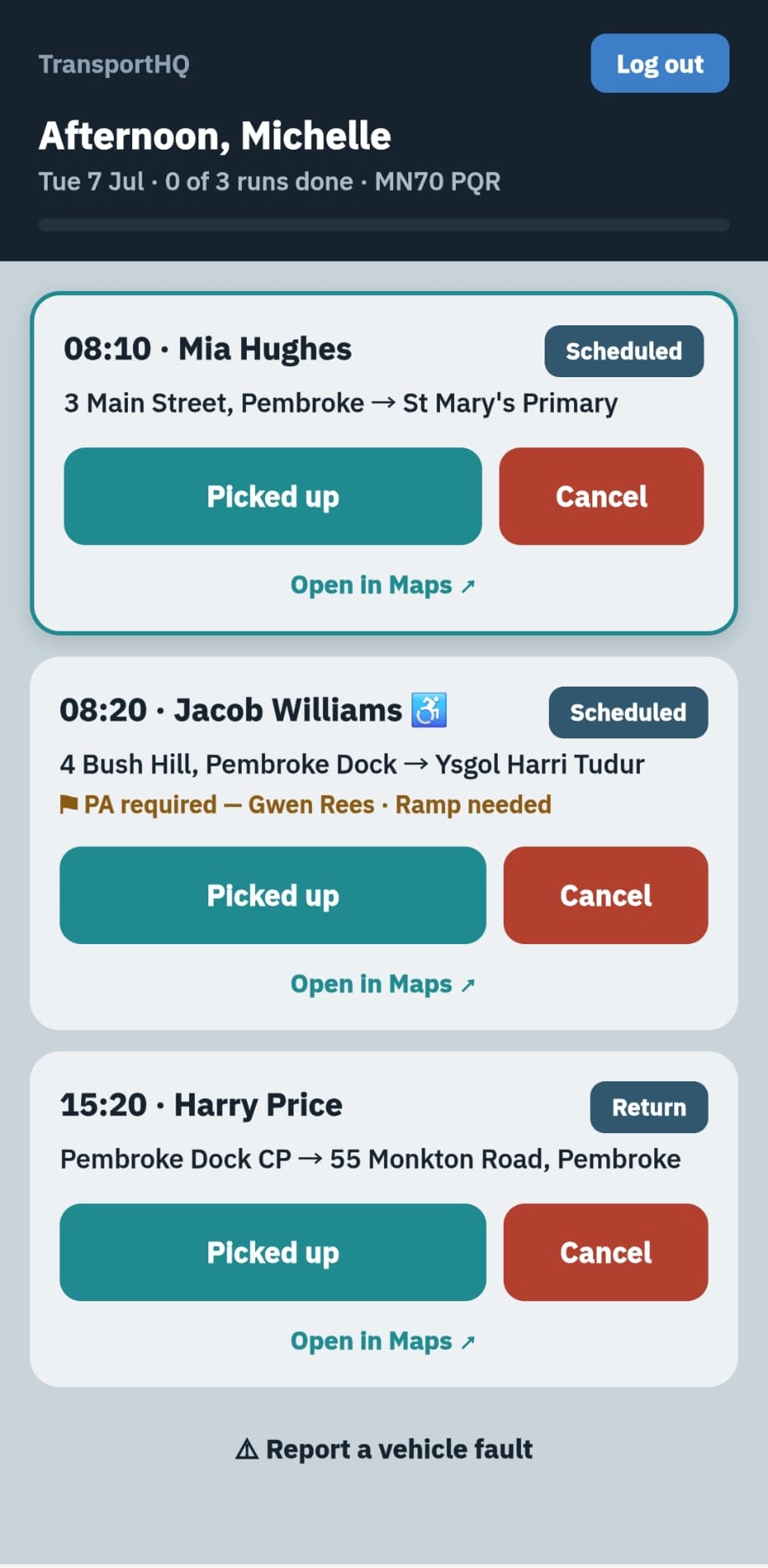 Driver mobile run list with picked up, cancel and open in maps actions