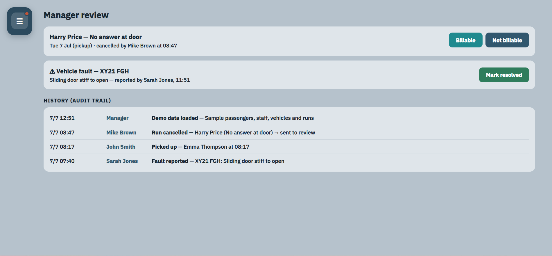 Manager review screen with billable decision and audit trail