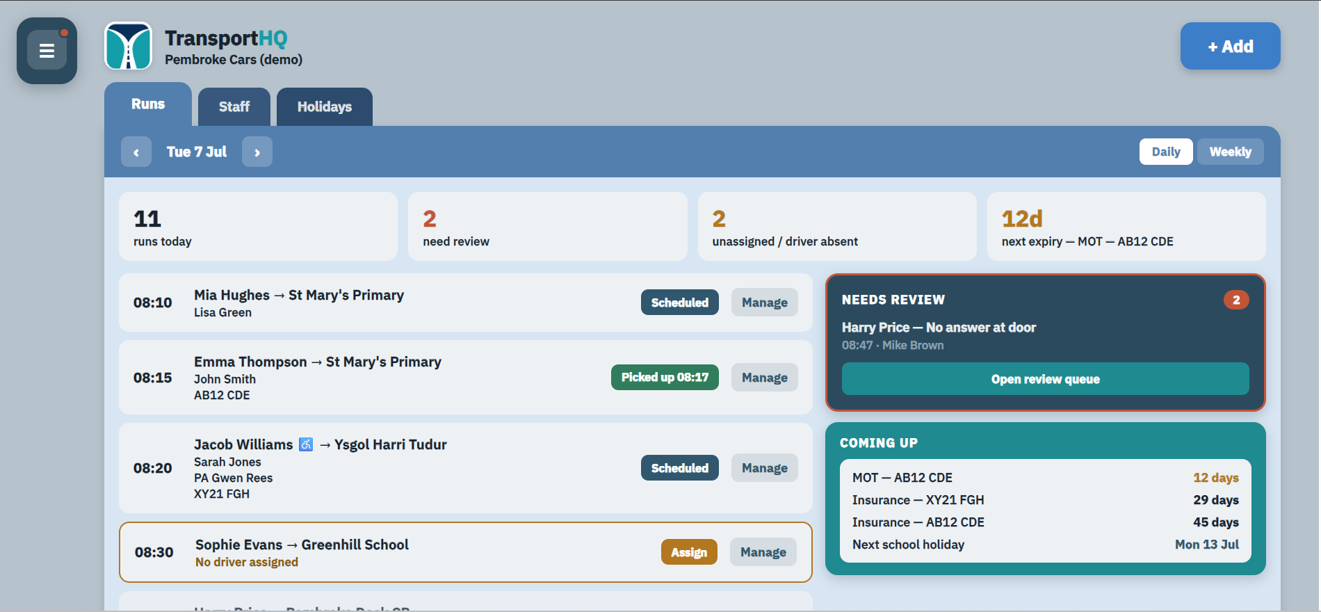 TransportHQ manager run list with review queue and vehicle reminders
