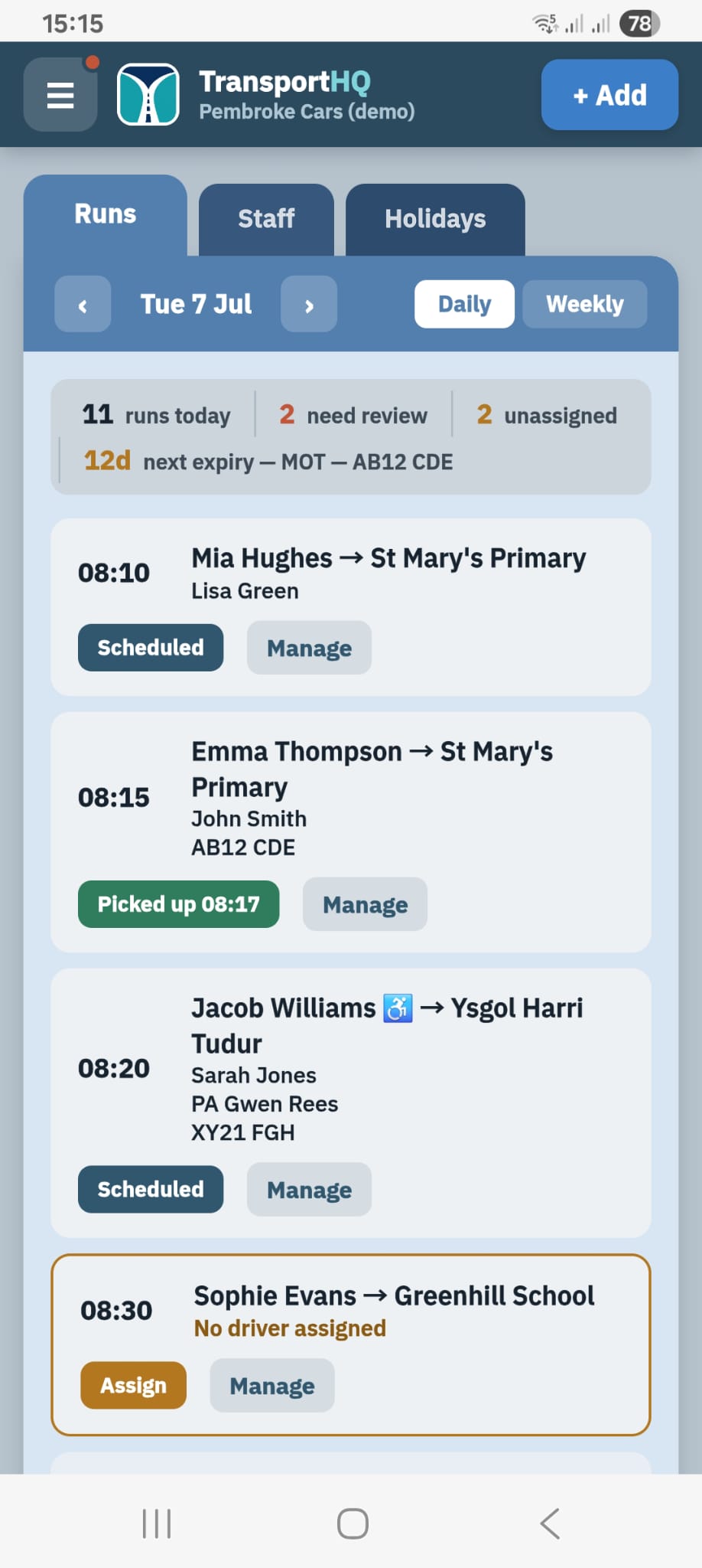 TransportHQ mobile runs view showing school transport run cards