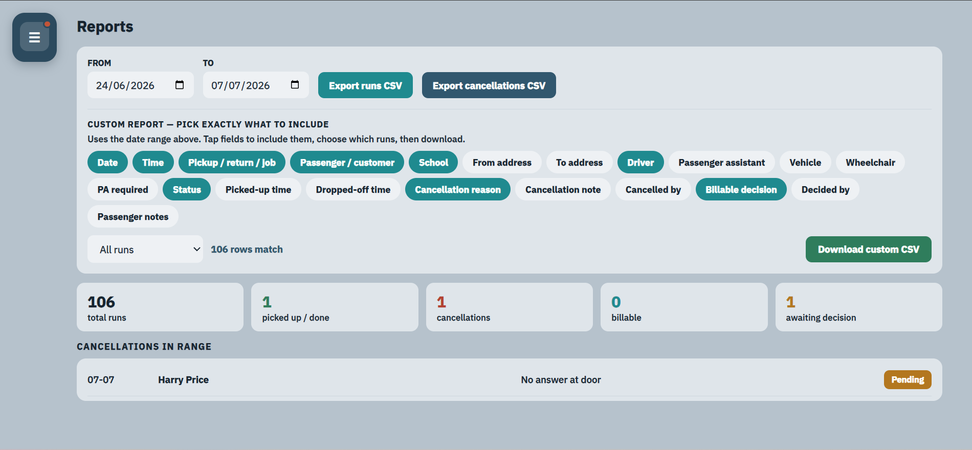 TransportHQ custom reports screen with selectable fields and CSV exports