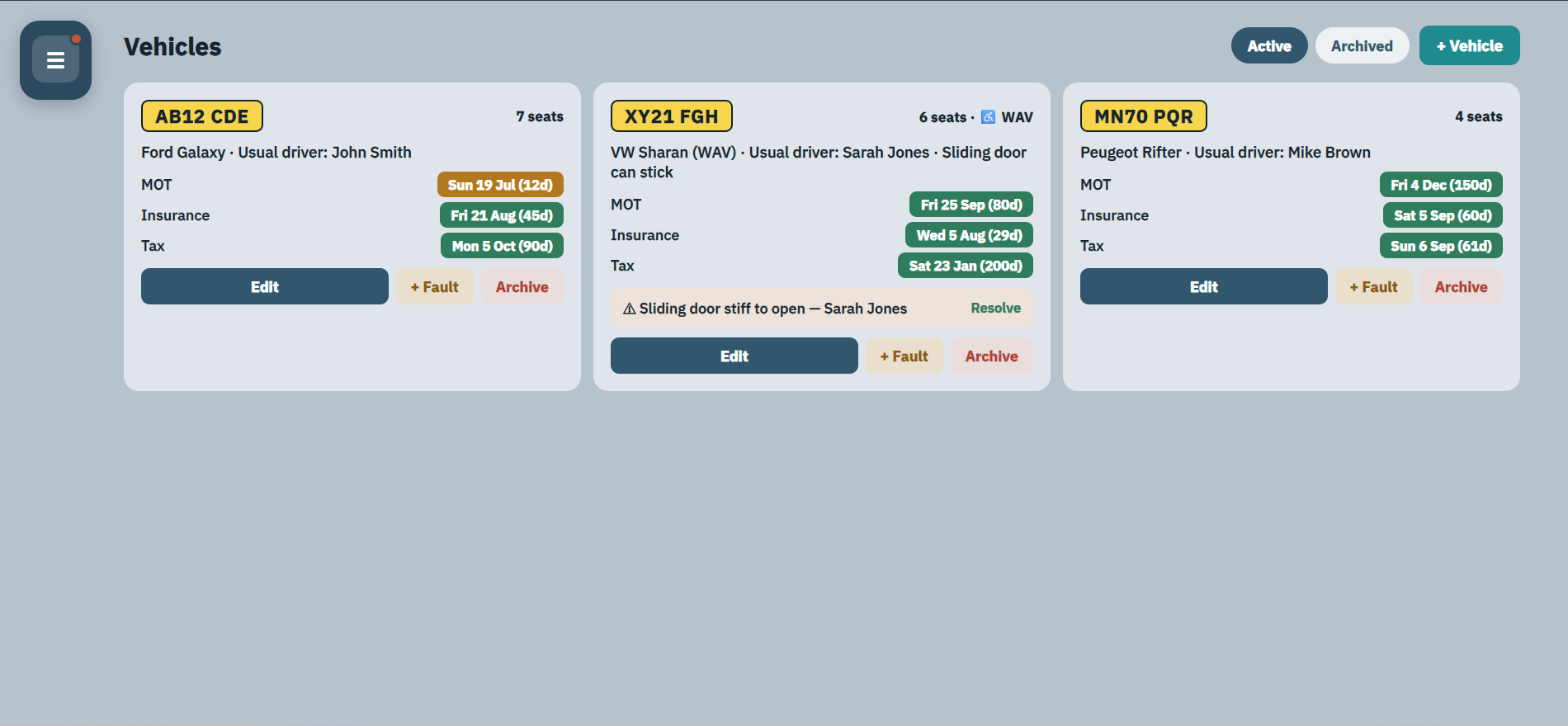 TransportHQ vehicle view showing MOT, insurance, tax and vehicle faults